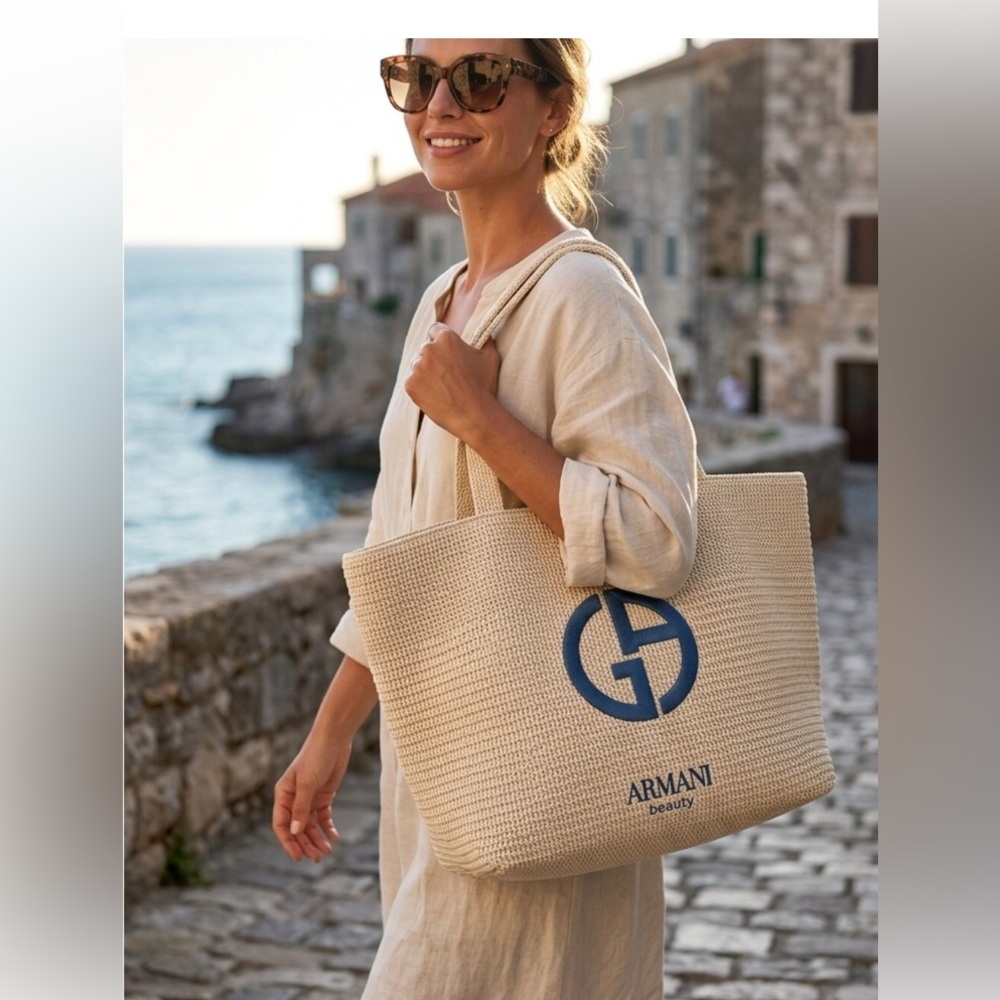 Giorgio Armani Natural Straw Tote with Blue Logo